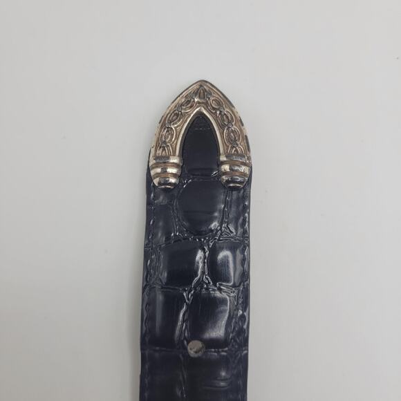 Black Leather Belt Small Western Silver Buckle Croc Embossed Cowgirl Concho Boho - Picture 7 of 8